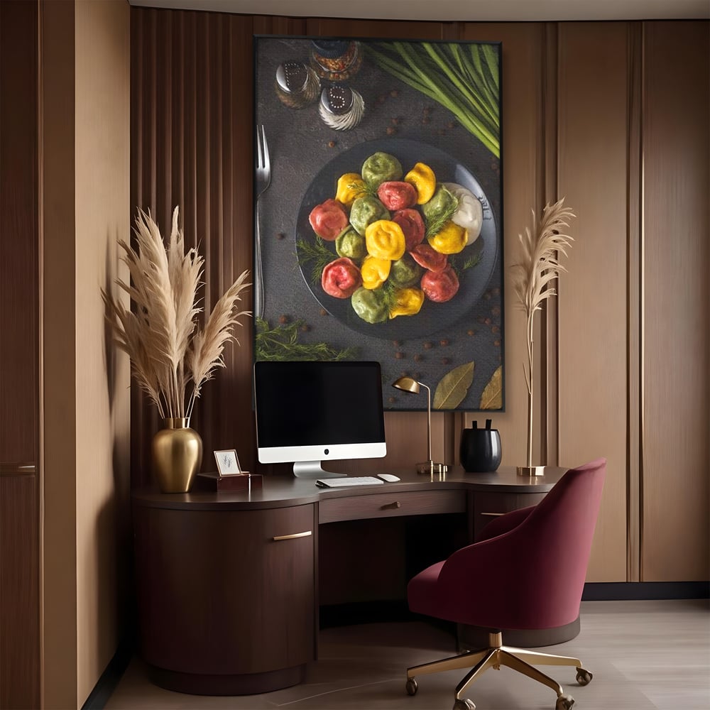 Tablou canvas cu tablou canvas cu paste colorate, in rama de aluminiu negru, pe perete intr-un birou